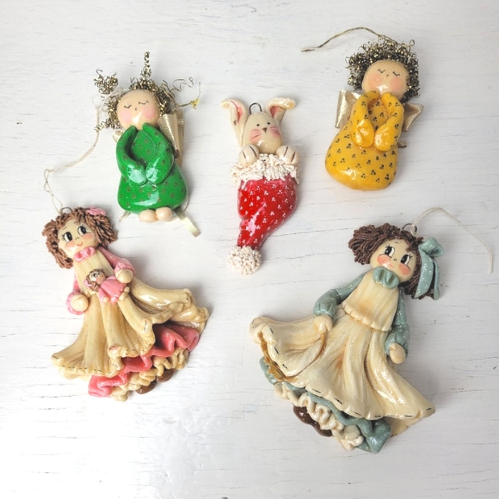 Vintage Christmas Ornaments Handmade Salt Dough Craft Set of 5 signed M.L. '89